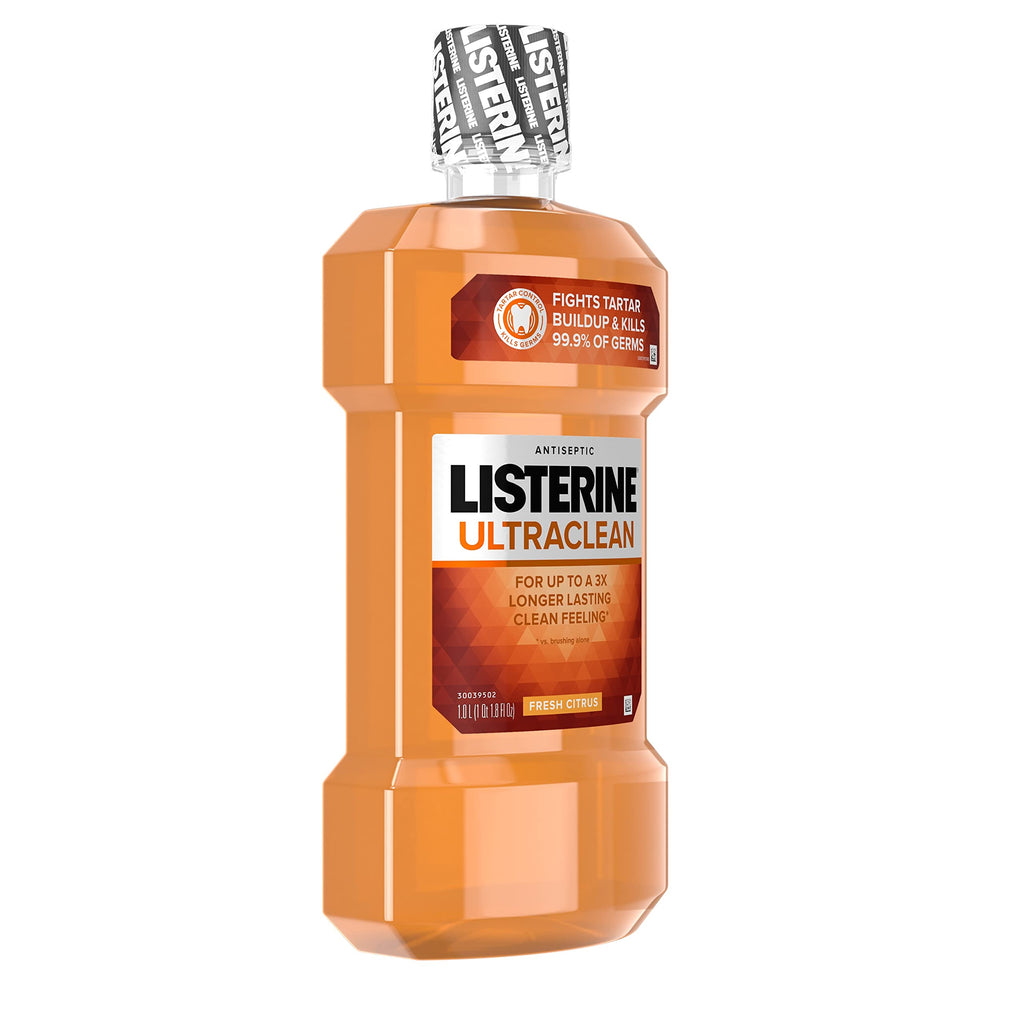 Listerine Ultraclean Intense Antiseptic Mouthwash + Whitening Protection*, Everfresh Technology to Help Fight Bad Breath, Gingivitis, & Plaque, Tartar Control Oral Rinse, Intense Mint, 1L, Pack of 2