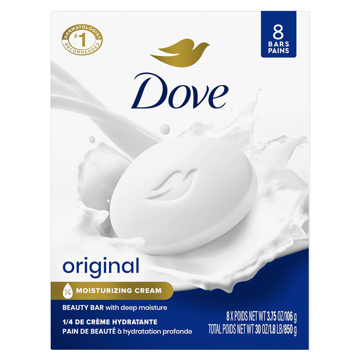 Dove Beauty Bar Soap Original, 6 Bars for Soft, Smooth Skin, with 1/4 Moisturizing Cream 3.75 oz