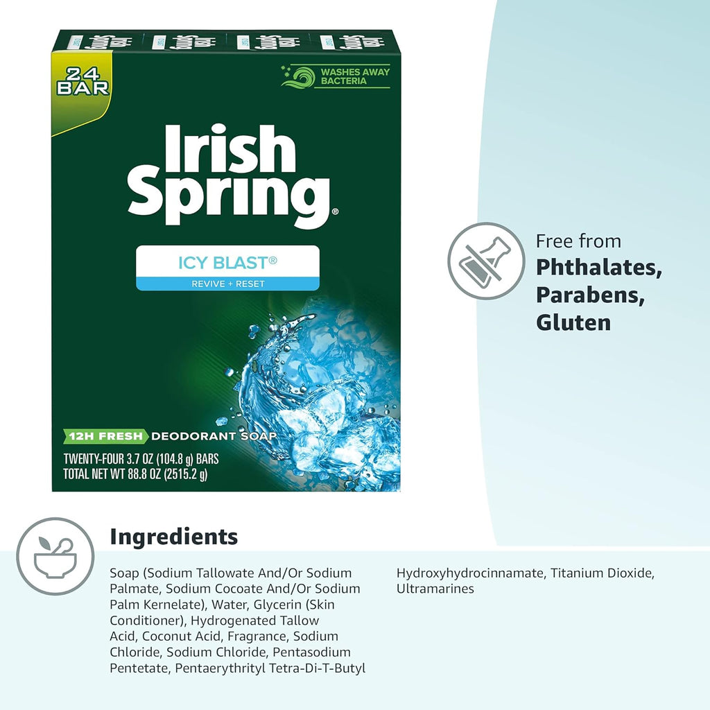 Irish Spring Bar Soap for Men, Original Clean, Smell Fresh and Clean for 12 Hours, Men Soap Bars for Washing Hands and Body, Mild for Skin, Recyclable Carton, 3.7 Ounce - 3 Count (Pack of 8)