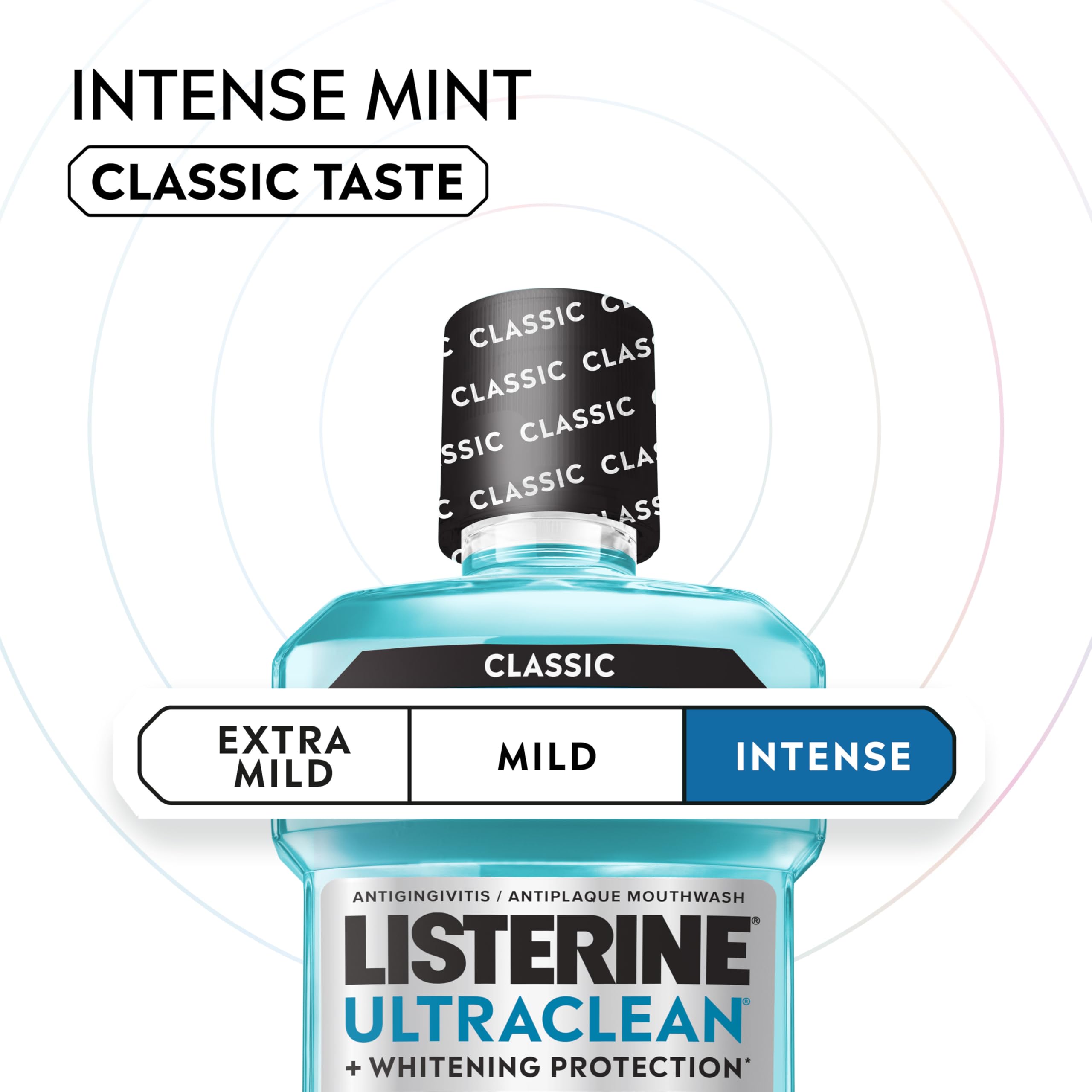 Listerine Ultraclean Intense Antiseptic Mouthwash + Whitening Protection*, Everfresh Technology to Help Fight Bad Breath, Gingivitis, & Plaque, Tartar Control Oral Rinse, Intense Mint, 1L, Pack of 2