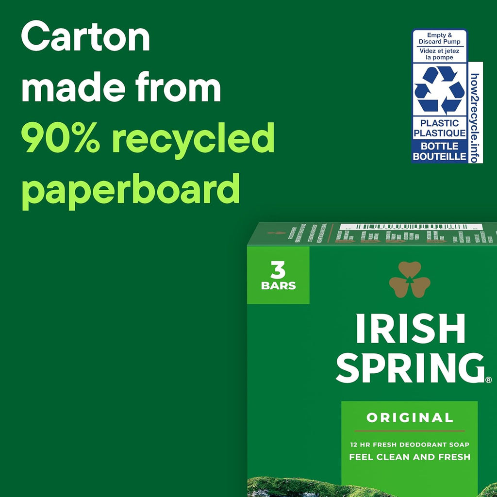 Irish Spring Bar Soap for Men, Original Clean, Smell Fresh and Clean for 12 Hours, Men Soap Bars for Washing Hands and Body, Mild for Skin, Recyclable Carton, 3.7 Ounce - 3 Count (Pack of 8)