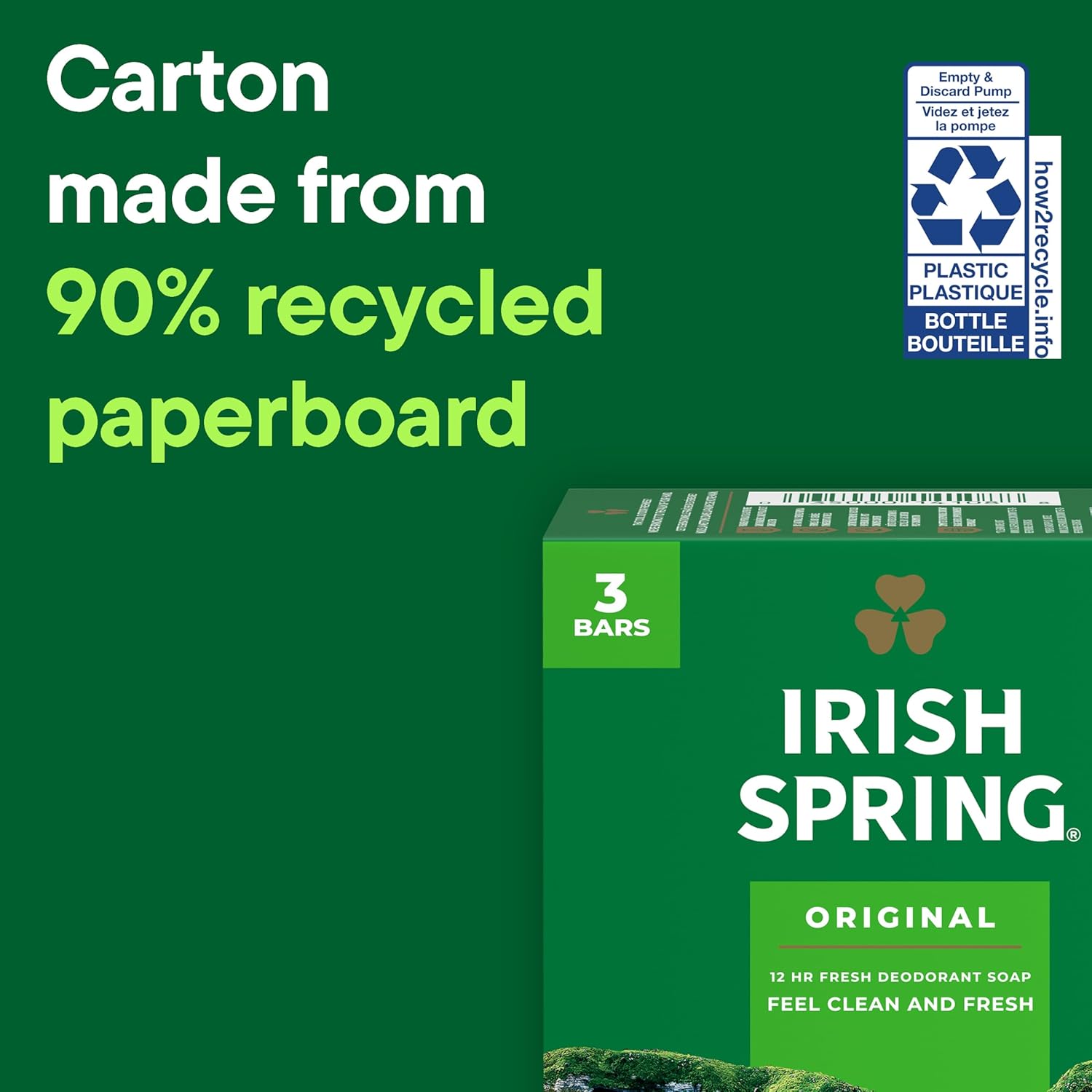 Irish Spring Bar Soap for Men, Original Clean, Smell Fresh and Clean for 12 Hours, Men Soap Bars for Washing Hands and Body, Mild for Skin, Recyclable Carton, 3.7 Ounce - 3 Count (Pack of 8)