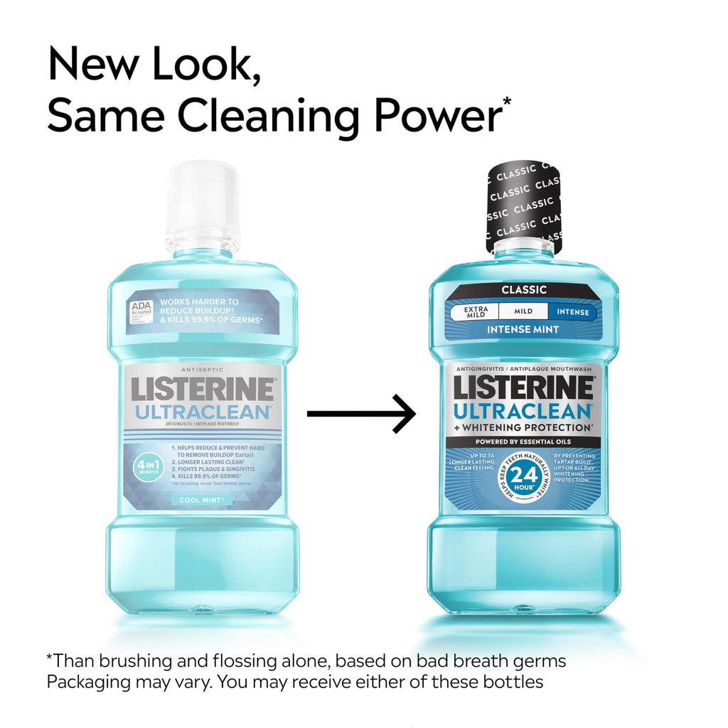 Listerine Ultraclean Intense Antiseptic Mouthwash + Whitening Protection*, Everfresh Technology to Help Fight Bad Breath, Gingivitis, & Plaque, Tartar Control Oral Rinse, Intense Mint, 1L, Pack of 2