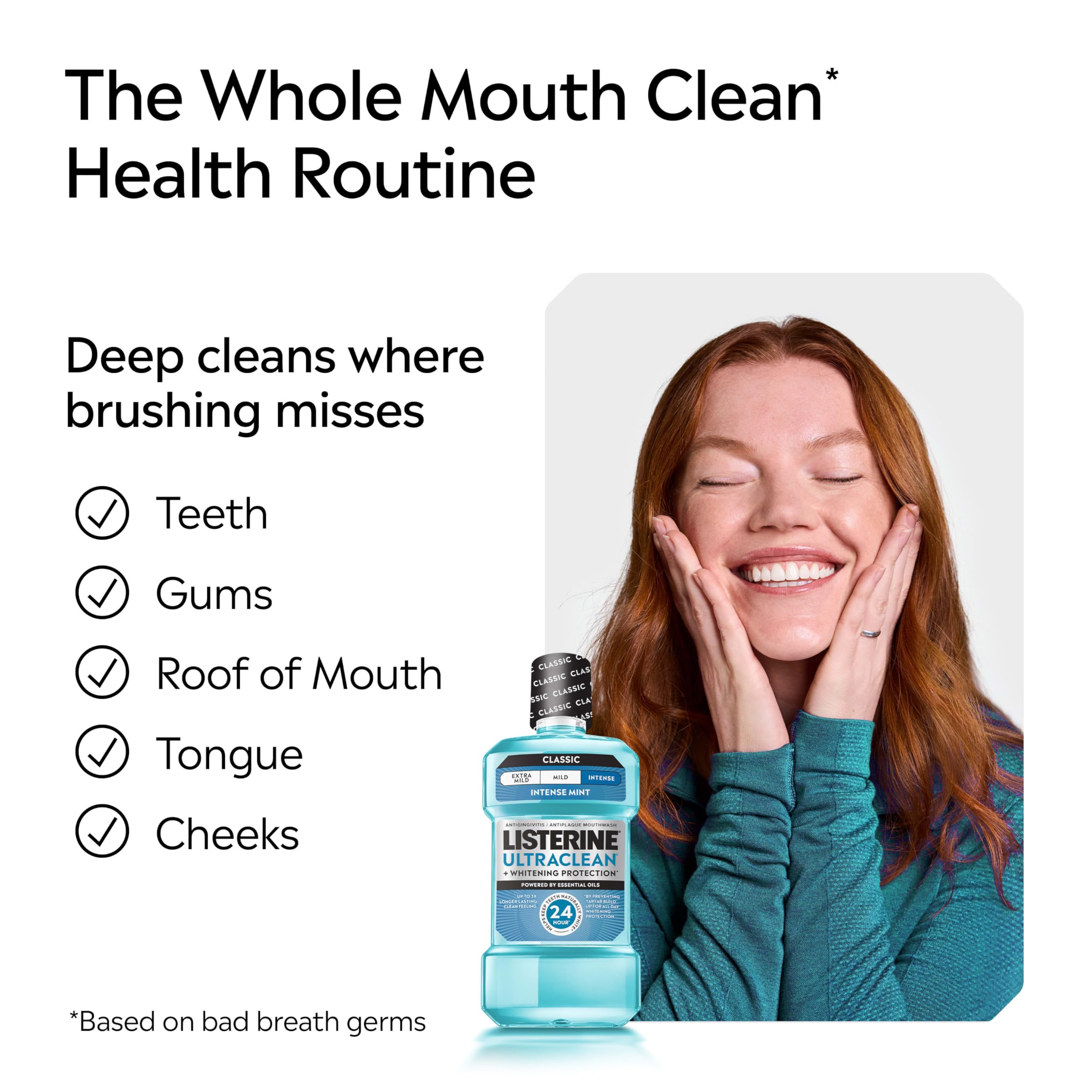 Listerine Ultraclean Intense Antiseptic Mouthwash + Whitening Protection*, Everfresh Technology to Help Fight Bad Breath, Gingivitis, & Plaque, Tartar Control Oral Rinse, Intense Mint, 1L, Pack of 2