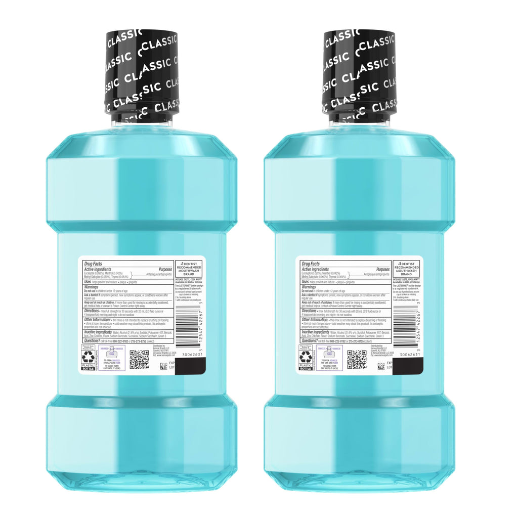 Listerine Ultraclean Intense Antiseptic Mouthwash + Whitening Protection*, Everfresh Technology to Help Fight Bad Breath, Gingivitis, & Plaque, Tartar Control Oral Rinse, Intense Mint, 1L, Pack of 2