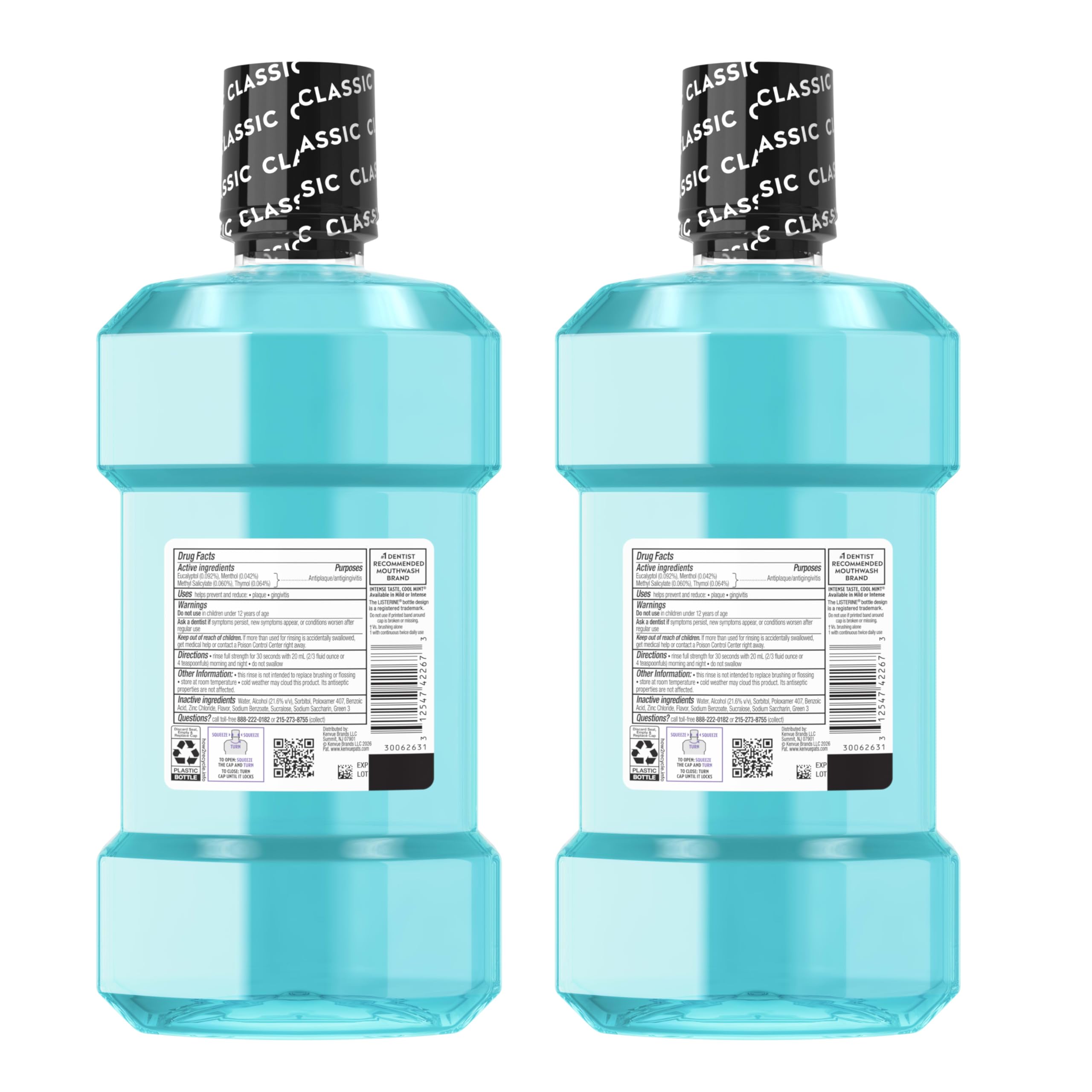 Listerine Ultraclean Intense Antiseptic Mouthwash + Whitening Protection*, Everfresh Technology to Help Fight Bad Breath, Gingivitis, & Plaque, Tartar Control Oral Rinse, Intense Mint, 1L, Pack of 2