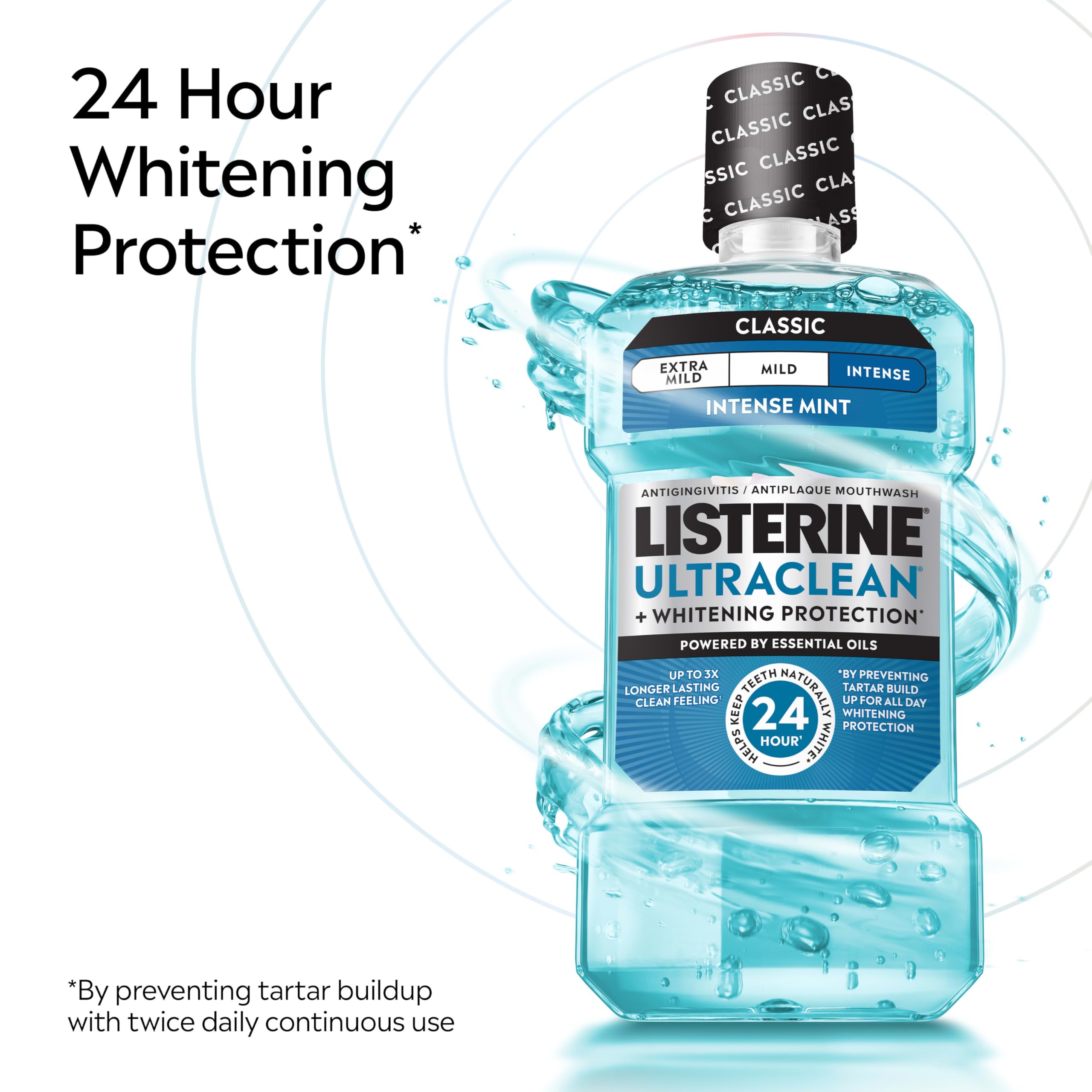 Listerine Ultraclean Intense Antiseptic Mouthwash + Whitening Protection*, Everfresh Technology to Help Fight Bad Breath, Gingivitis, & Plaque, Tartar Control Oral Rinse, Intense Mint, 1L, Pack of 2