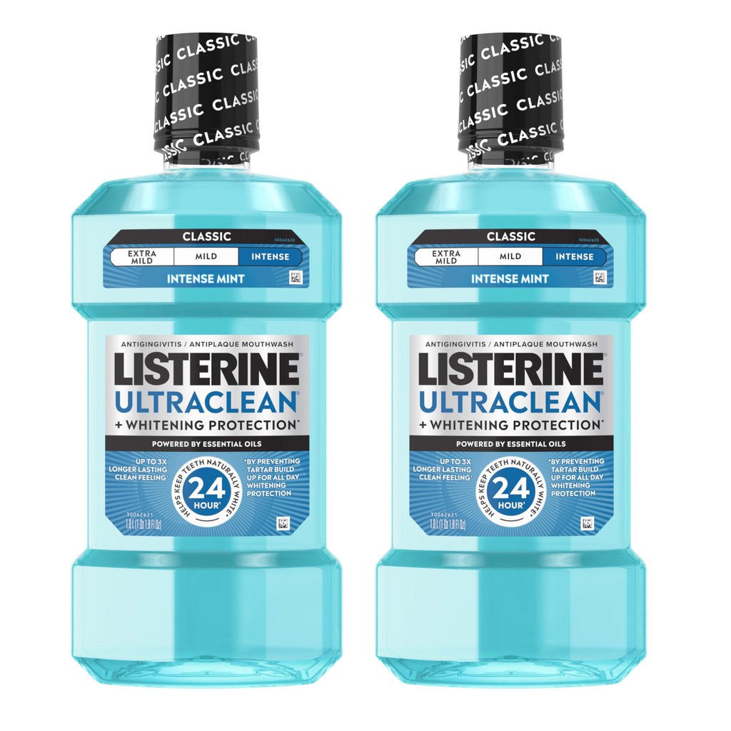 Listerine Ultraclean Intense Antiseptic Mouthwash + Whitening Protection*, Everfresh Technology to Help Fight Bad Breath, Gingivitis, & Plaque, Tartar Control Oral Rinse, Intense Mint, 1L, Pack of 2