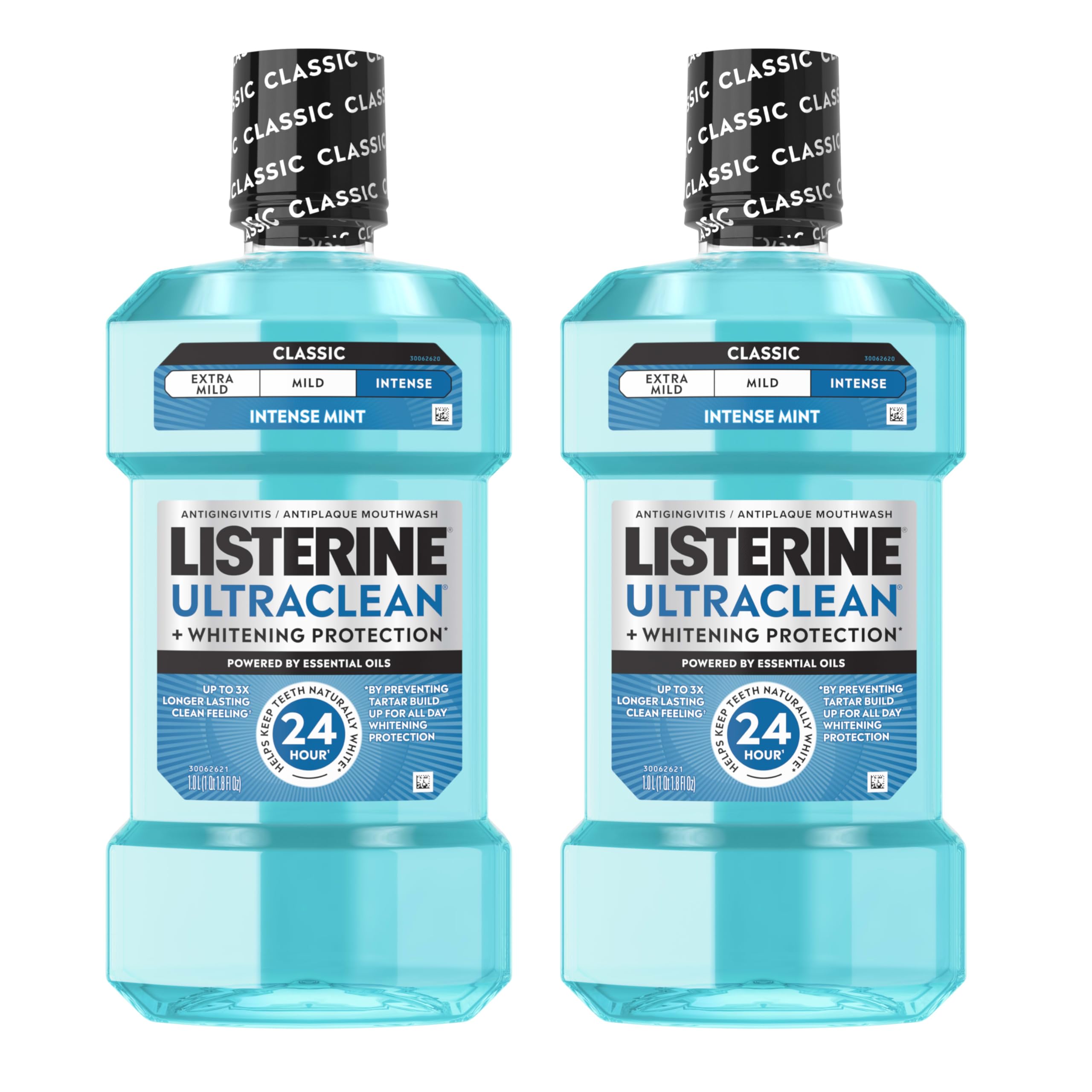 Listerine Ultraclean Intense Antiseptic Mouthwash + Whitening Protection*, Everfresh Technology to Help Fight Bad Breath, Gingivitis, & Plaque, Tartar Control Oral Rinse, Intense Mint, 1L, Pack of 2