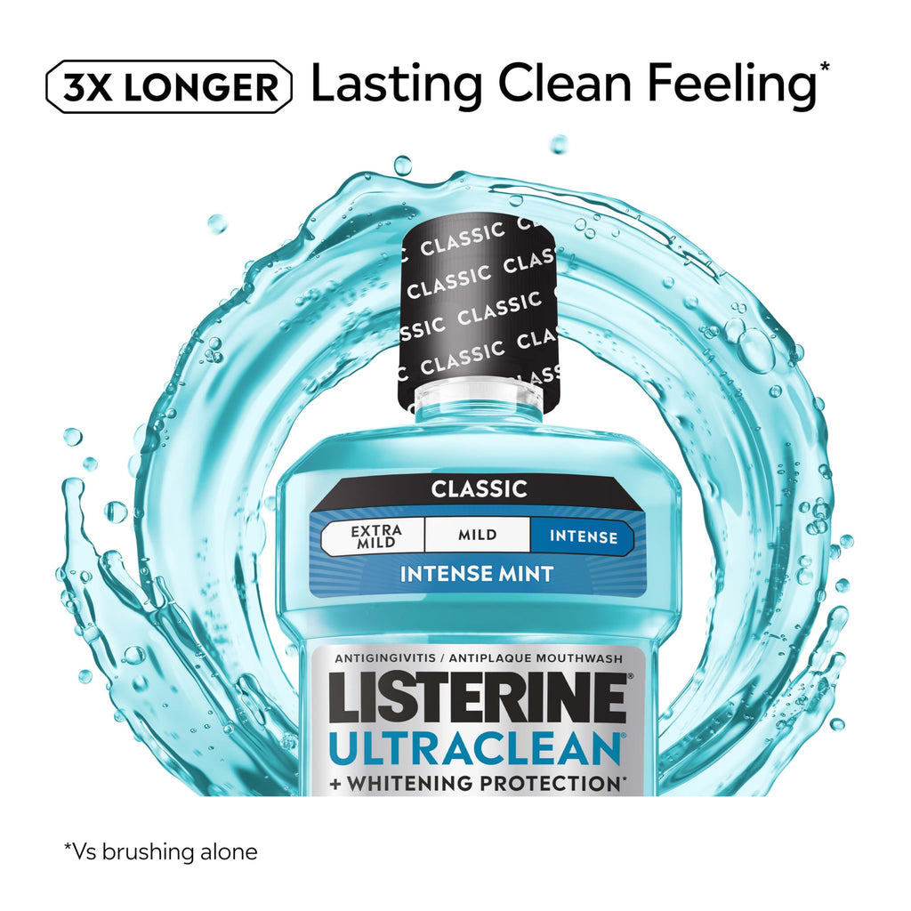 Listerine Ultraclean Intense Antiseptic Mouthwash + Whitening Protection*, Everfresh Technology to Help Fight Bad Breath, Gingivitis, & Plaque, Tartar Control Oral Rinse, Intense Mint, 1L, Pack of 2