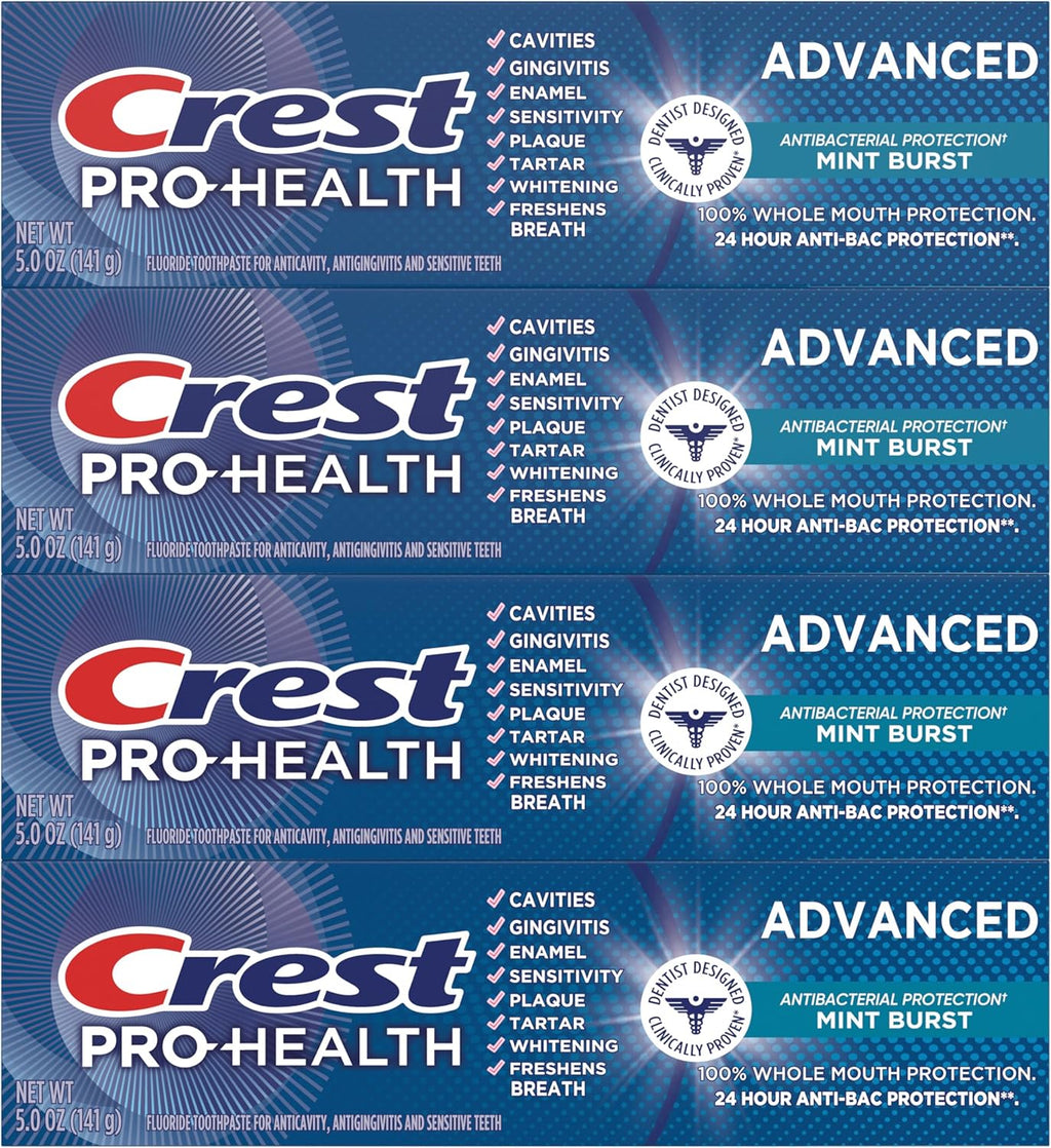 Crest Pro-Health Advanced Antibacterial Protection Toothpaste,5 oz 4 Pack, Teeth Whitening for adults, Breath Freshener, for Sensitive Teeth, Gum Health, Gingivitis toothpaste, Travel Size Toiletries