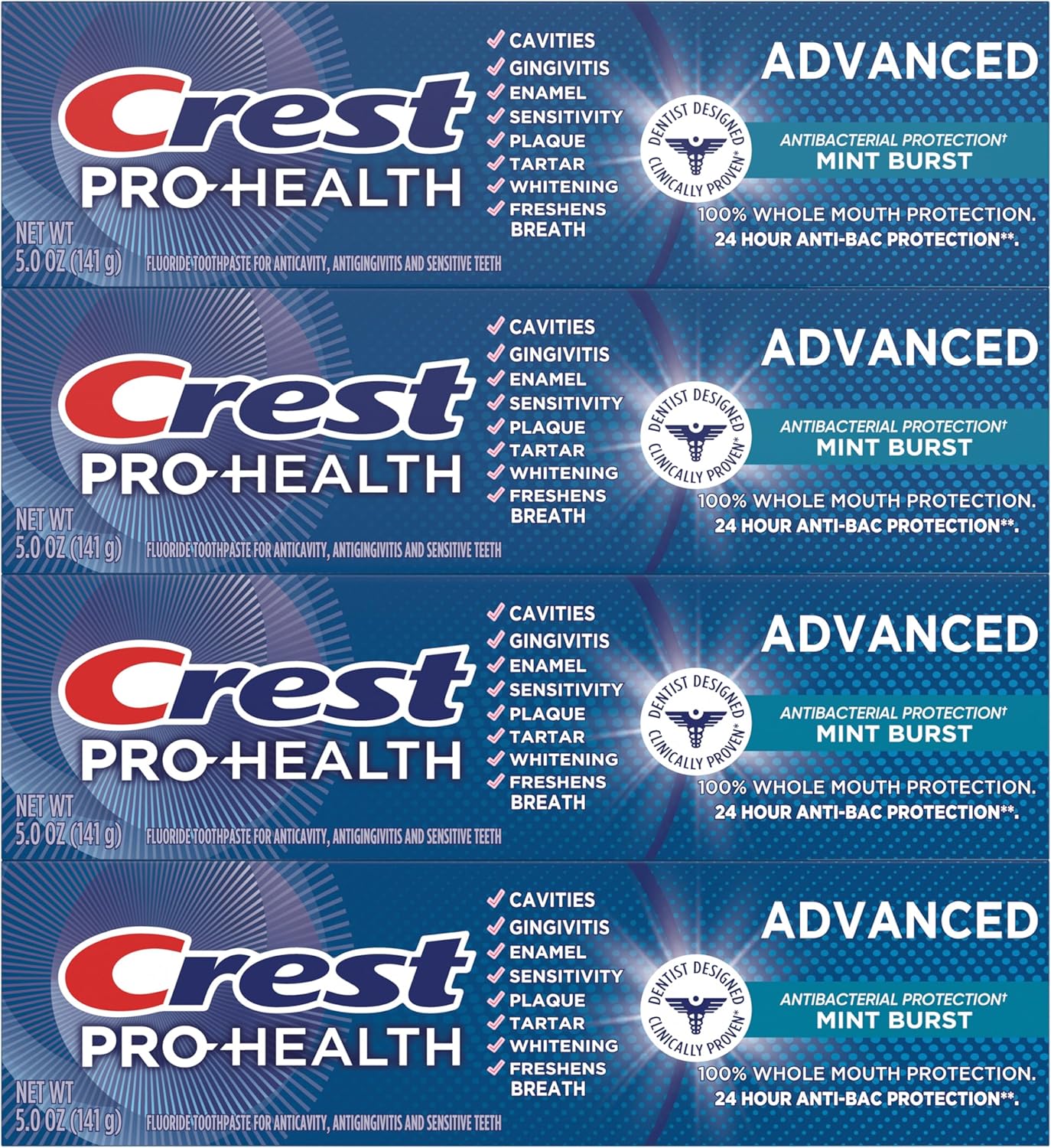 Crest Pro-Health Advanced Antibacterial Protection Toothpaste,5 oz 4 Pack, Teeth Whitening for adults, Breath Freshener, for Sensitive Teeth, Gum Health, Gingivitis toothpaste, Travel Size Toiletries